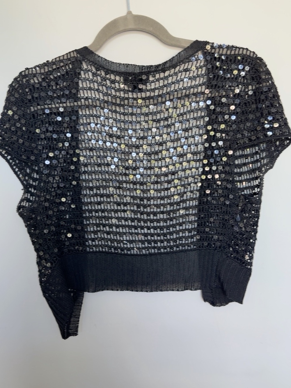 Le Château Black Sequin Open Knit Cropped Cardigan Shrug M - Picture 2 of 6